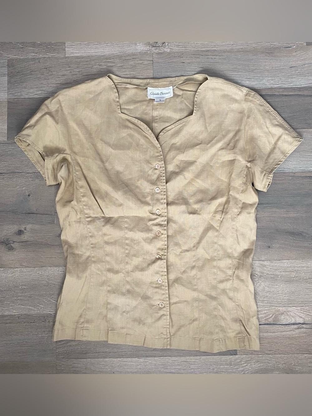 Vintage Claude Bennett 100% Linen Beige Button Up Shirt Size 14